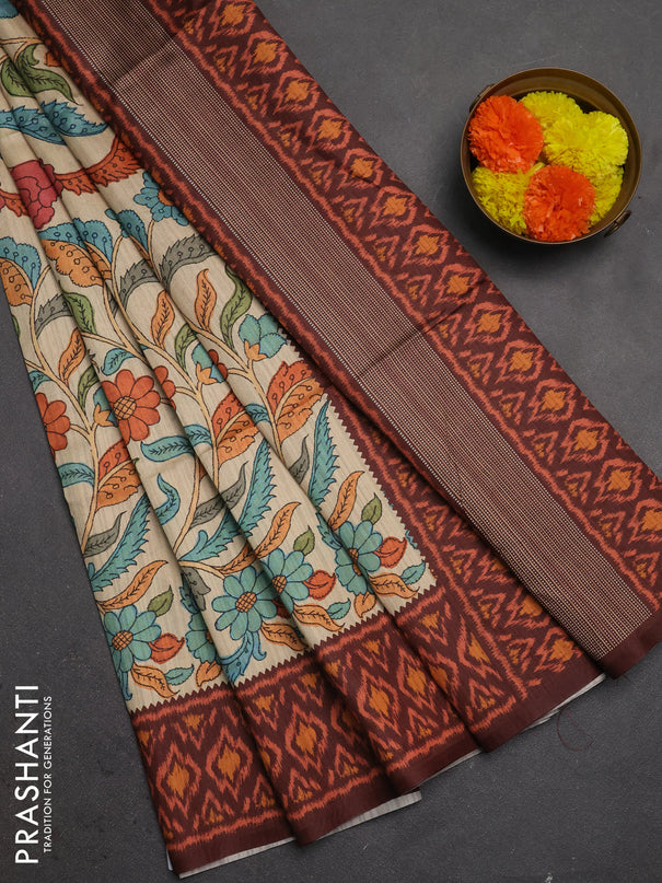 Semi tussar saree beige and coffee brown with allover kalamkari prints and patola printed border