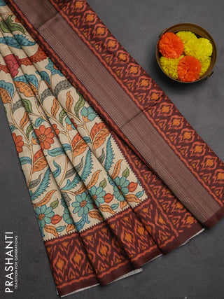 Semi tussar saree beige and coffee brown with allover kalamkari prints and patola printed border