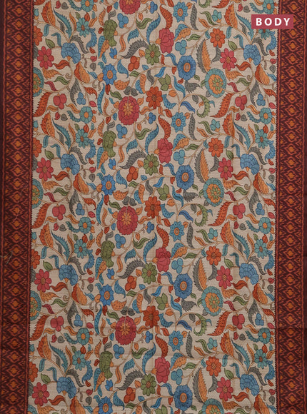 Semi tussar saree beige and coffee brown with allover kalamkari prints and patola printed border