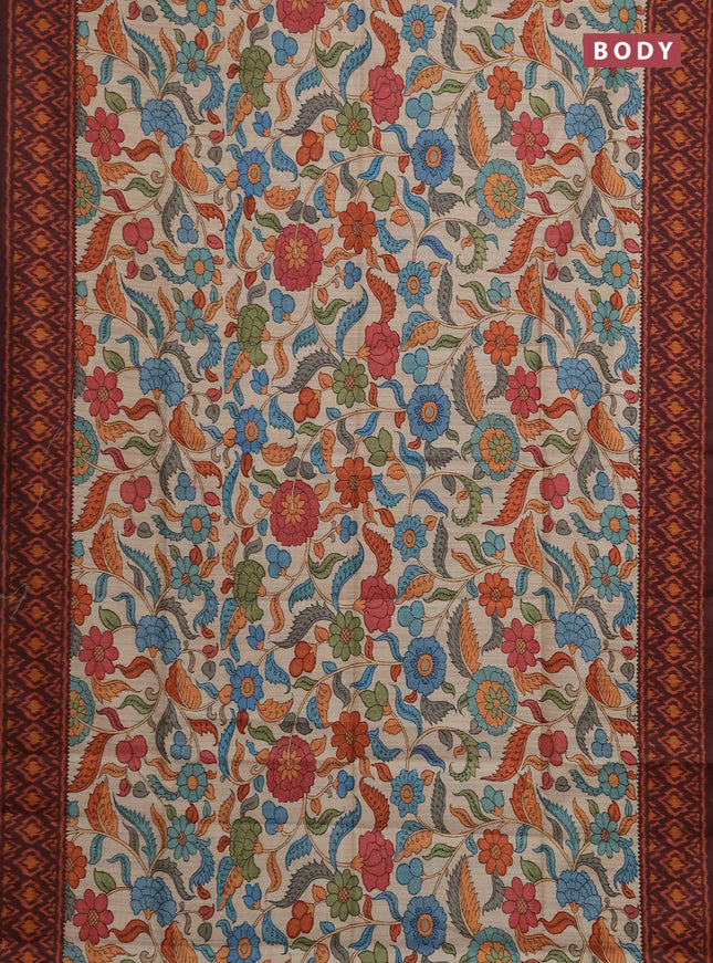Semi tussar saree beige and coffee brown with allover kalamkari prints and patola printed border