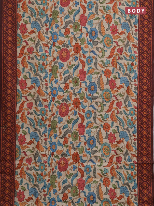 Semi tussar saree beige and coffee brown with allover kalamkari prints and patola printed border