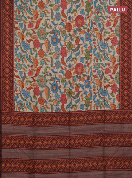 Semi tussar saree beige and coffee brown with allover kalamkari prints and patola printed border