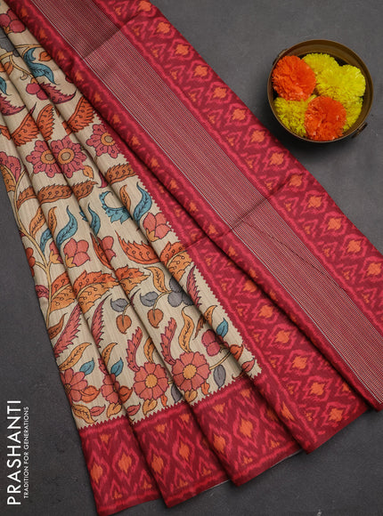 Semi tussar saree beige and maroon with allover kalamkari prints and patola printed border