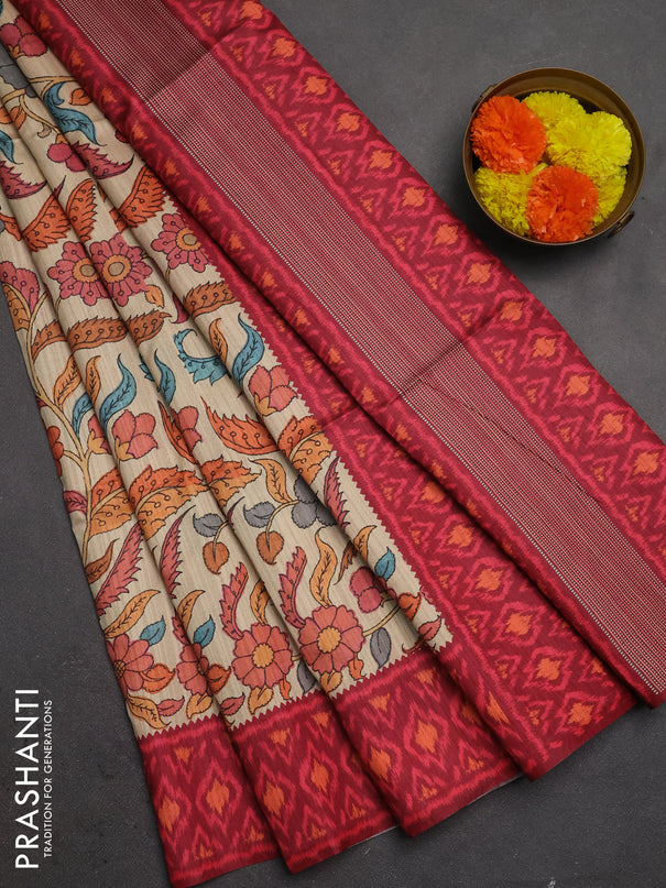 Semi tussar saree beige and maroon with allover kalamkari prints and patola printed border