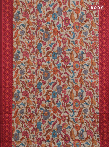 Semi tussar saree beige and maroon with allover kalamkari prints and patola printed border