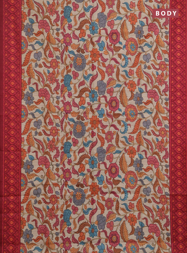 Semi tussar saree beige and maroon with allover kalamkari prints and patola printed border