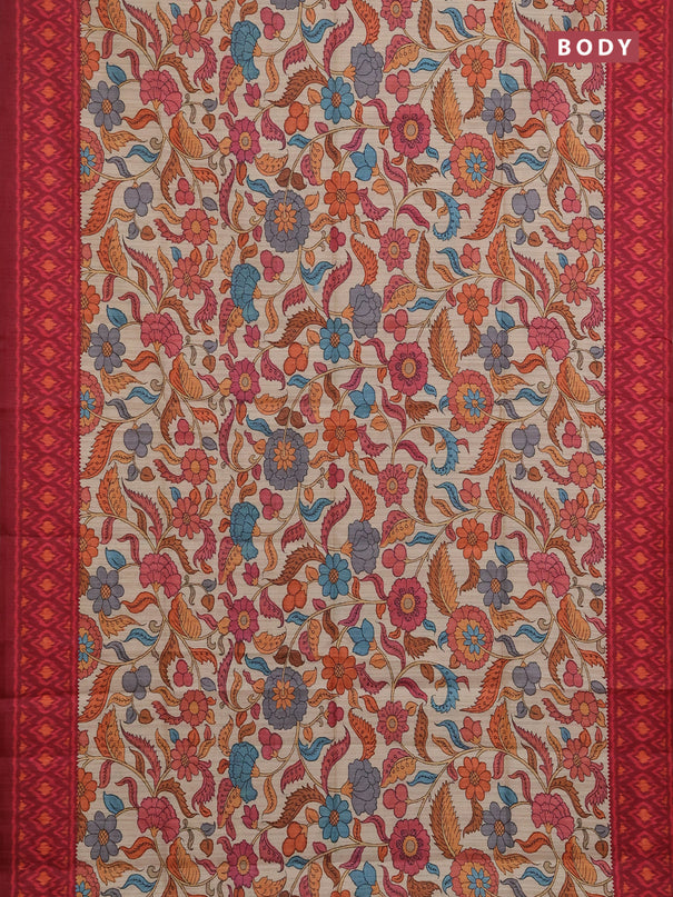 Semi tussar saree beige and maroon with allover kalamkari prints and patola printed border
