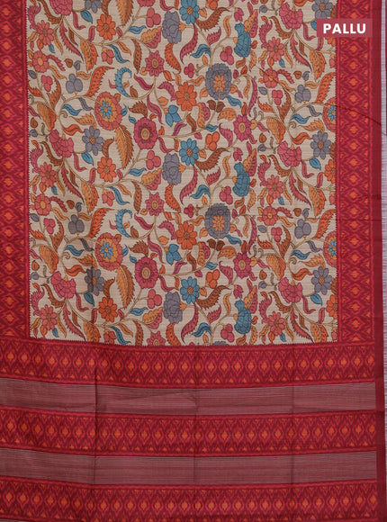 Semi tussar saree beige and maroon with allover kalamkari prints and patola printed border