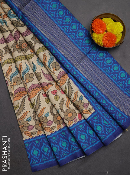 Semi tussar saree beige and navy blue with allover kalamkari prints and patola printed border