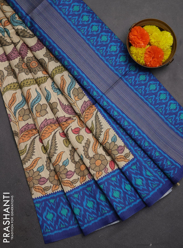 Semi tussar saree beige and navy blue with allover kalamkari prints and patola printed border