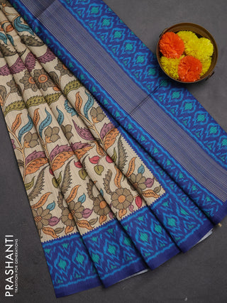 Semi tussar saree beige and navy blue with allover kalamkari prints and patola printed border