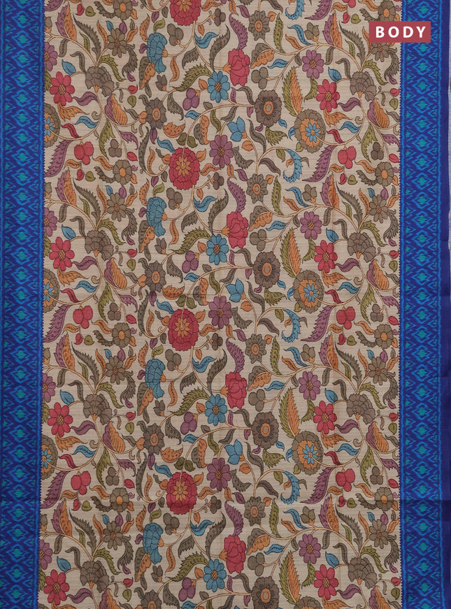 Semi tussar saree beige and navy blue with allover kalamkari prints and patola printed border