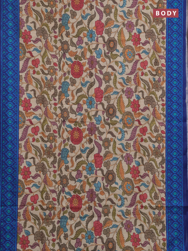 Semi tussar saree beige and navy blue with allover kalamkari prints and patola printed border