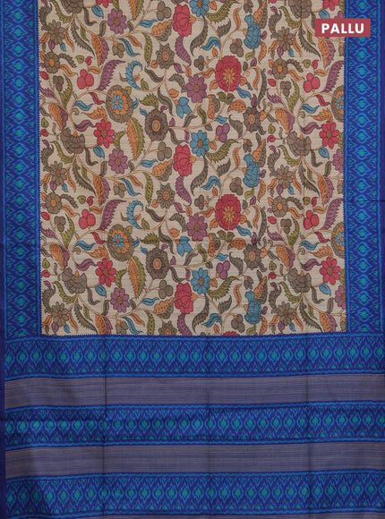 Semi tussar saree beige and navy blue with allover kalamkari prints and patola printed border
