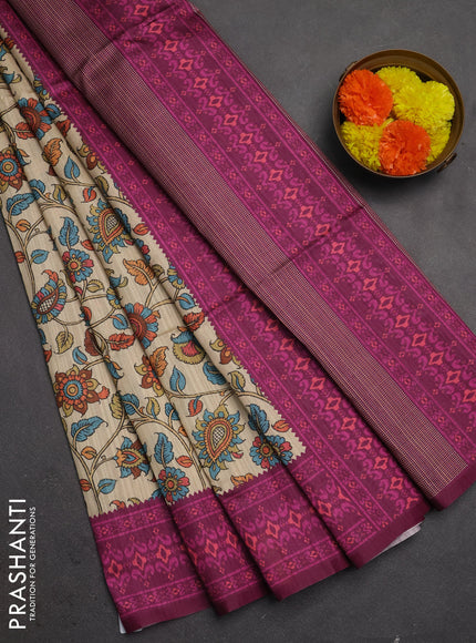Semi tussar saree beige and magenta pink with allover kalamkari prints and patola printed border