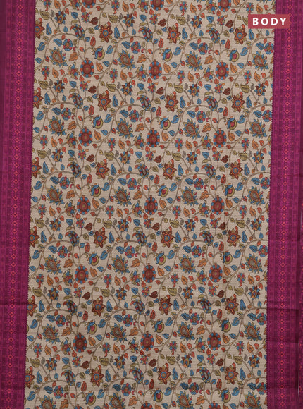 Semi tussar saree beige and magenta pink with allover kalamkari prints and patola printed border