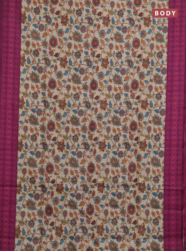 Semi tussar saree beige and magenta pink with allover kalamkari prints and patola printed border