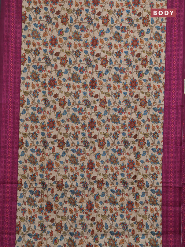 Semi tussar saree beige and magenta pink with allover kalamkari prints and patola printed border