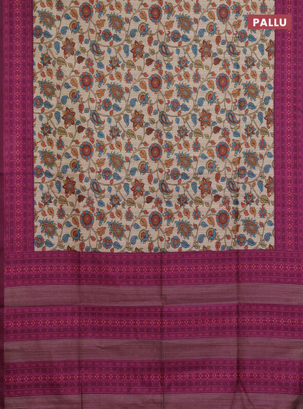 Semi tussar saree beige and magenta pink with allover kalamkari prints and patola printed border