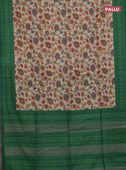 Semi tussar saree beige and green with allover kalamkari prints and patola printed border