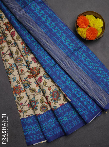 Semi tussar saree beige and navy blue with allover kalamkari prints and patola printed border
