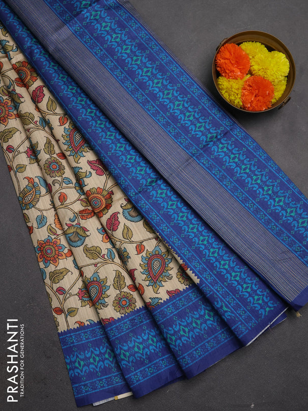 Semi tussar saree beige and navy blue with allover kalamkari prints and patola printed border