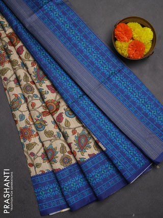 Semi tussar saree beige and navy blue with allover kalamkari prints and patola printed border