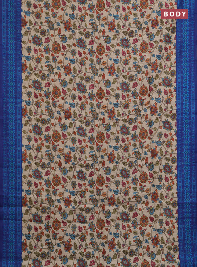 Semi tussar saree beige and navy blue with allover kalamkari prints and patola printed border