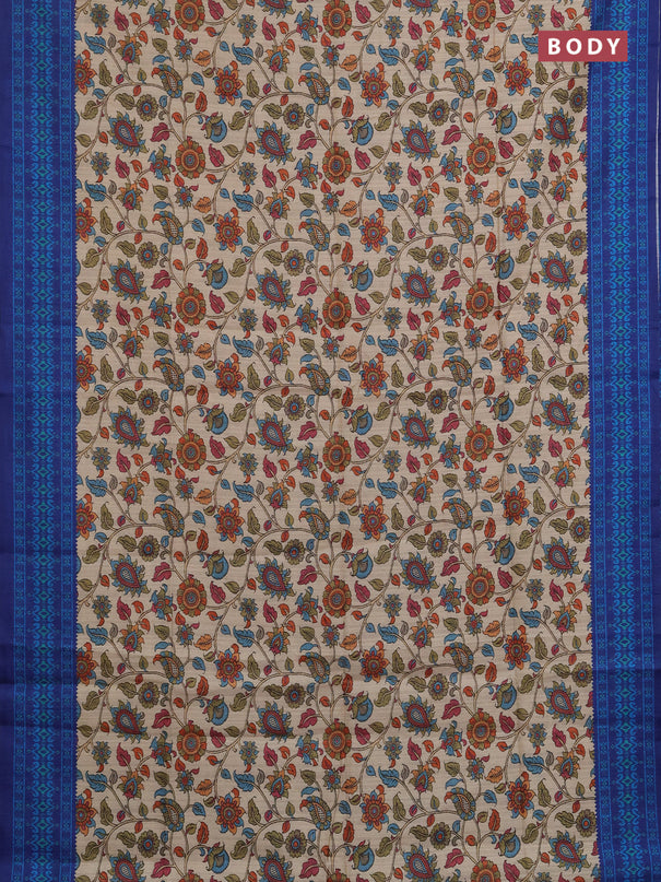 Semi tussar saree beige and navy blue with allover kalamkari prints and patola printed border
