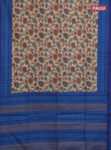 Semi tussar saree beige and navy blue with allover kalamkari prints and patola printed border
