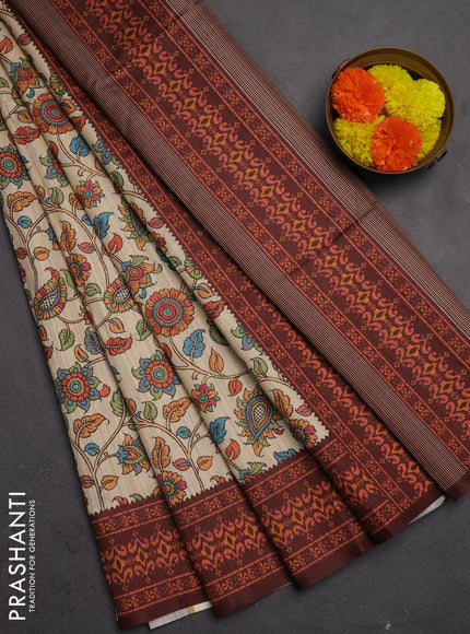 Semi tussar saree beige and coffee brown with allover kalamkari prints and patola printed border