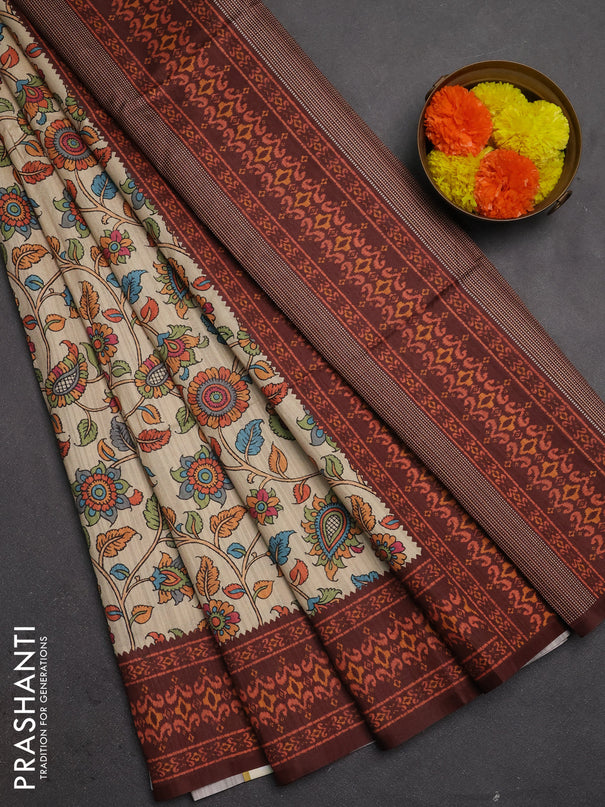 Semi tussar saree beige and coffee brown with allover kalamkari prints and patola printed border
