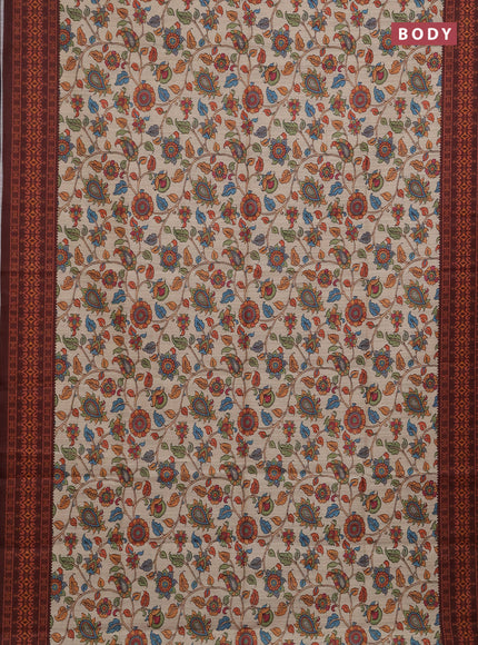 Semi tussar saree beige and coffee brown with allover kalamkari prints and patola printed border