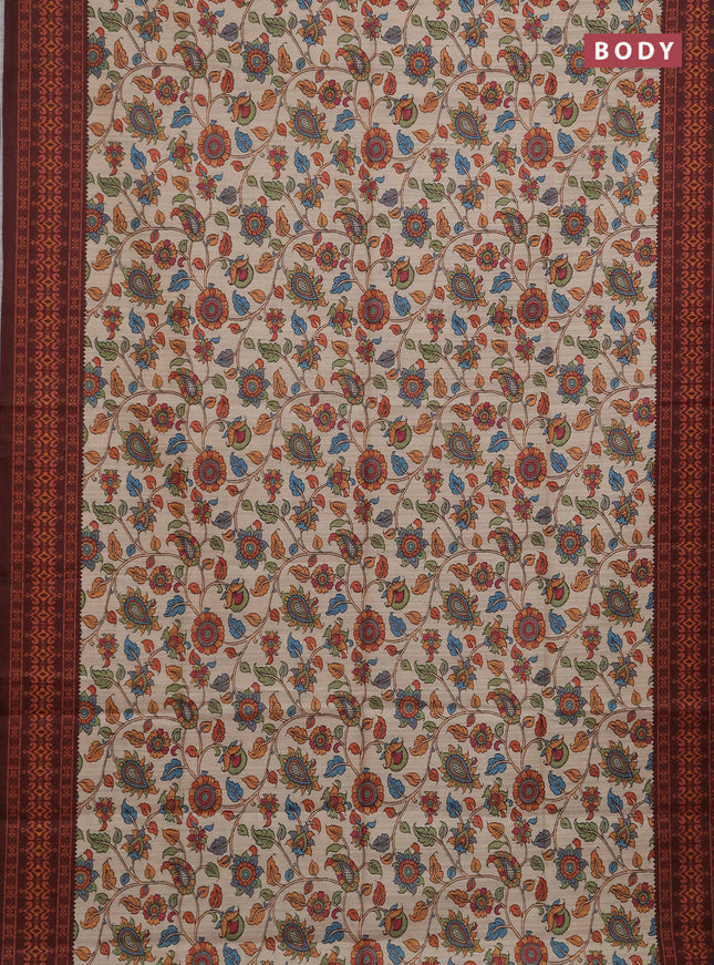 Semi tussar saree beige and coffee brown with allover kalamkari prints and patola printed border