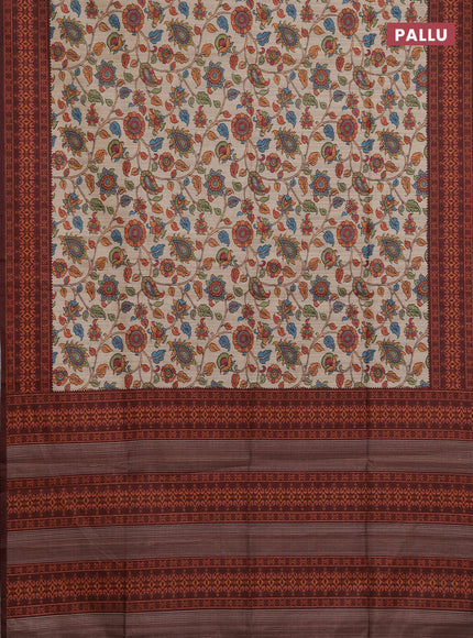 Semi tussar saree beige and coffee brown with allover kalamkari prints and patola printed border