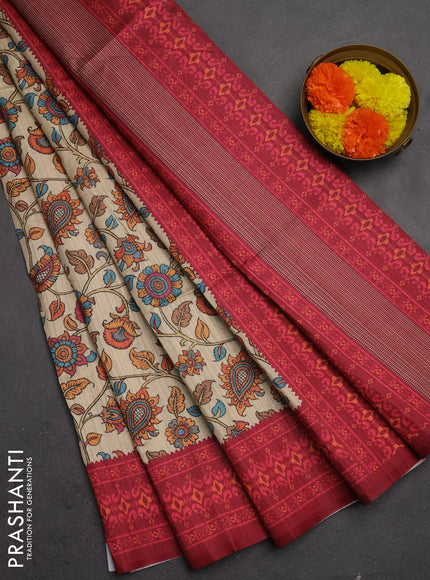 Semi tussar saree beige and maroon with allover kalamkari prints and patola printed border