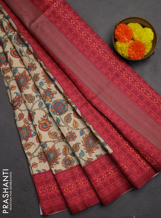 Semi tussar saree beige and maroon with allover kalamkari prints and patola printed border