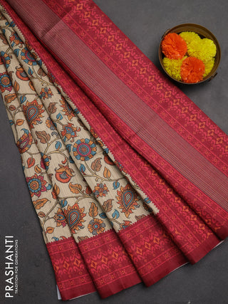 Semi tussar saree beige and maroon with allover kalamkari prints and patola printed border