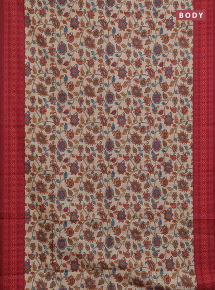 Semi tussar saree beige and maroon with allover kalamkari prints and patola printed border