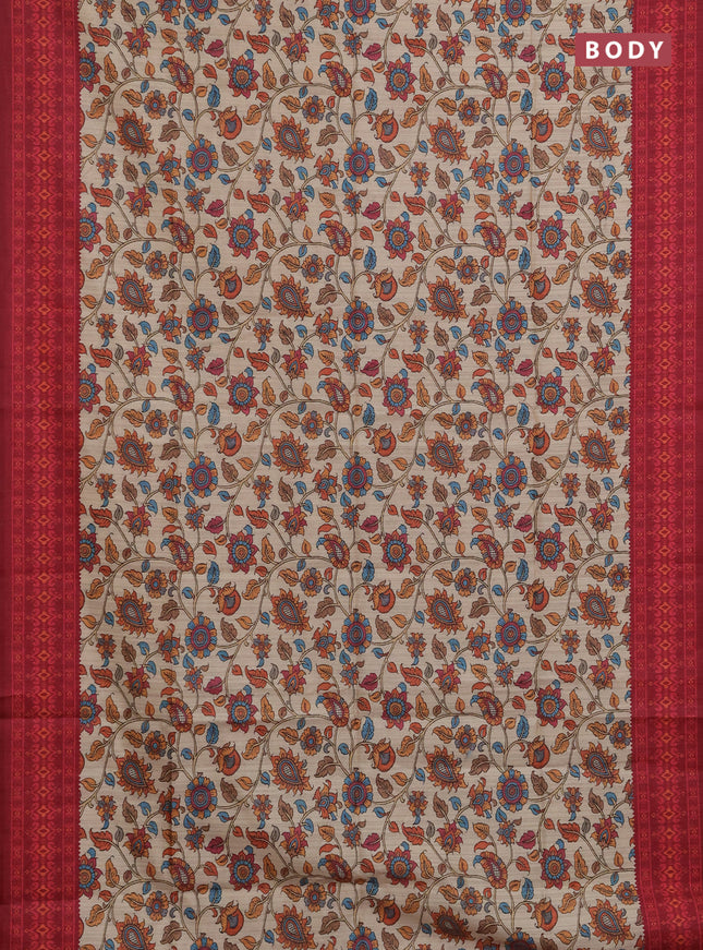 Semi tussar saree beige and maroon with allover kalamkari prints and patola printed border