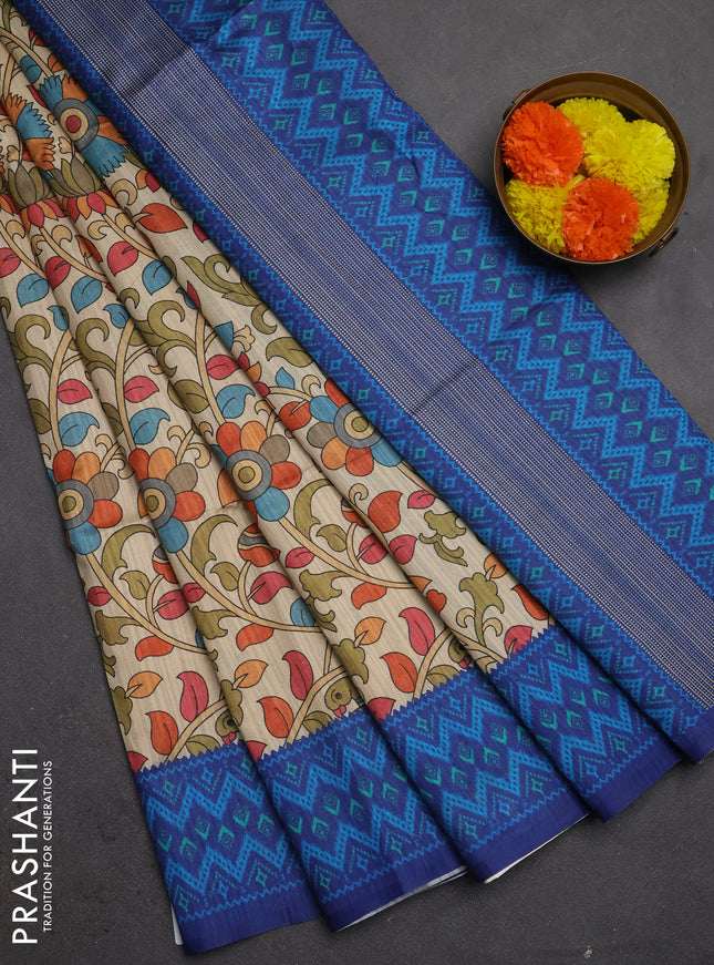 Semi tussar saree beige and navy blue with allover kalamkari prints and patola printed border