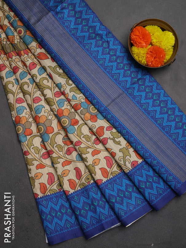 Semi tussar saree beige and navy blue with allover kalamkari prints and patola printed border
