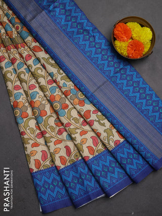 Semi tussar saree beige and navy blue with allover kalamkari prints and patola printed border