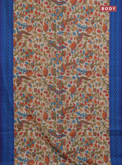 Semi tussar saree beige and navy blue with allover kalamkari prints and patola printed border