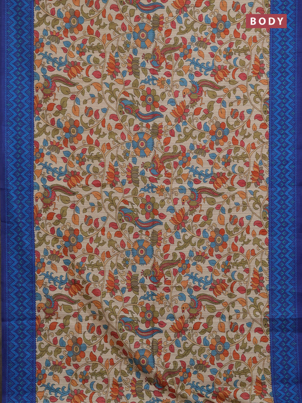 Semi tussar saree beige and navy blue with allover kalamkari prints and patola printed border