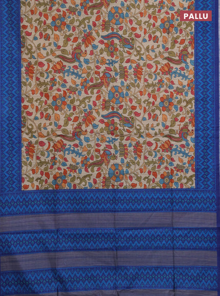 Semi tussar saree beige and navy blue with allover kalamkari prints and patola printed border