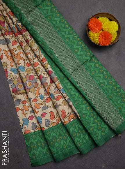 Semi tussar saree beige and green with allover kalamkari prints and patola printed border