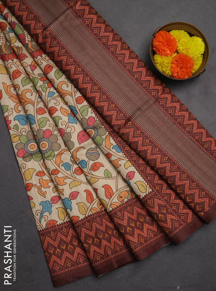 Semi tussar saree beige and coffee brown with allover kalamkari prints and patola printed border