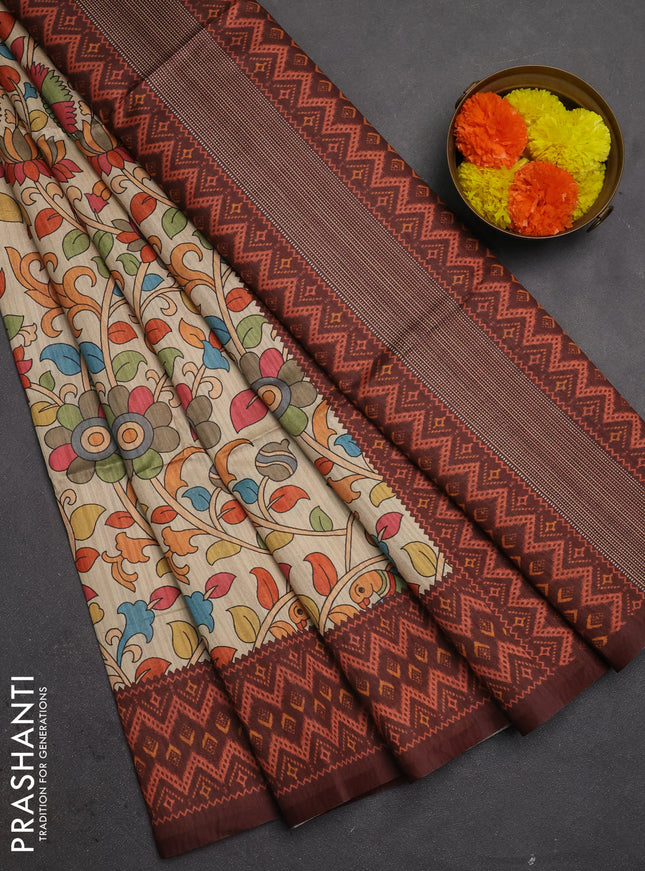Semi tussar saree beige and coffee brown with allover kalamkari prints and patola printed border