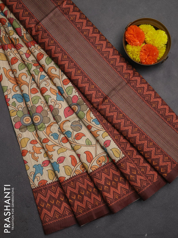Semi tussar saree beige and coffee brown with allover kalamkari prints and patola printed border